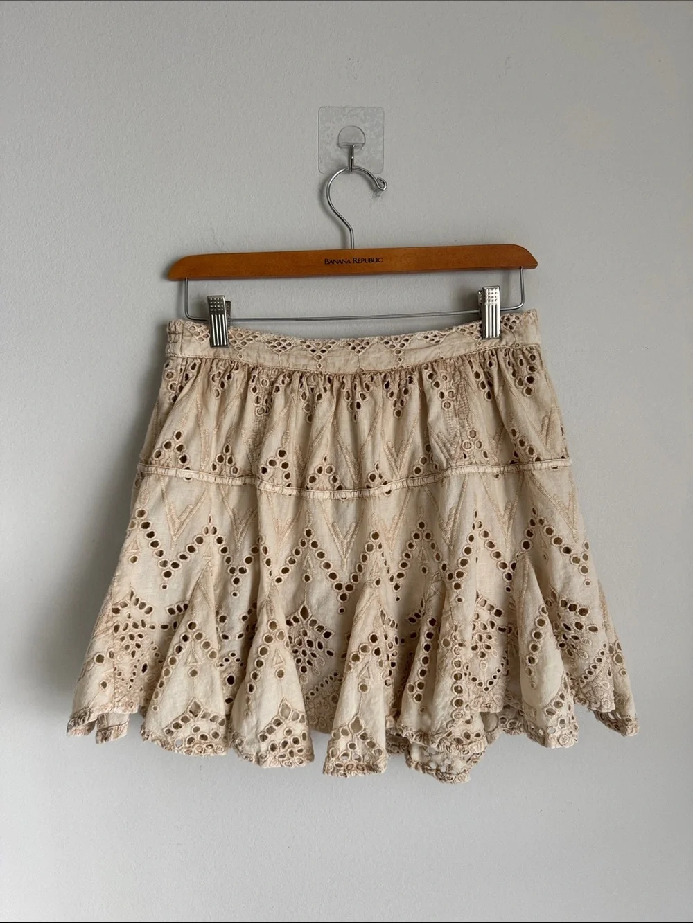 Free People Ivory Eyelet Embroidered Ruffle Mini Skirt Shorts Size S Boho